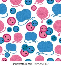 Knitting seamless pattern. Buttons. Blue and pink colors. Wool threads.