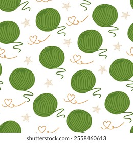 Knitting seamless pattern with colorful yarn ball, hearts from thread, and decorative stars on white background.