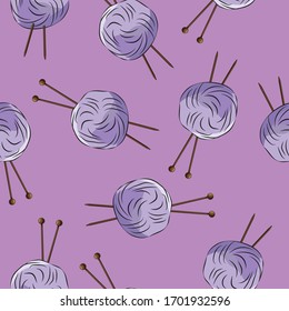 Knitting seamless pattern. handmade. Ball of wool with knitting texture. Threads and knitting needles for hobbies wallpaper. Made with love. Needlework. Vector