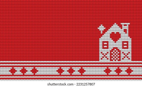 Knitting Seamless Pattern House border on Red Background, Ethnic Pattern Border Merry Christmas and happy winter days vector poster