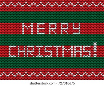 Knitting seamless pattern with merry christmas white text on striped green and red knitted cozy background. Vector.illustration, greeting card.