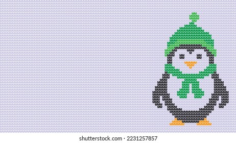 Knitting Seamless Pattern Penguin border on White Background, Knitting Light bulb Ethnic Pattern Border Merry Christmas and happy winter days vector poster