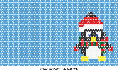 Knitting Seamless Pattern Penguin border on Blue ackground, Knitting Light bulb Ethnic Pattern Border Merry Christmas and happy winter days vector poster