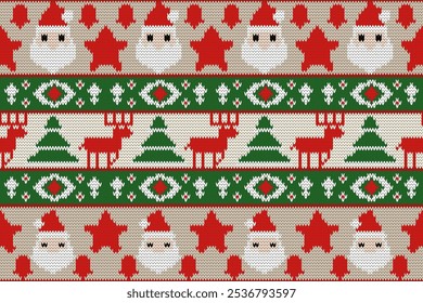Knitting seamless pattern with santa, Christmas tree and reindeer ornament. Fabric Seamless pattern.Vector illustration. Ikat ethnic oriental embroidery,Aztec style,baroque.design for texture,clothing