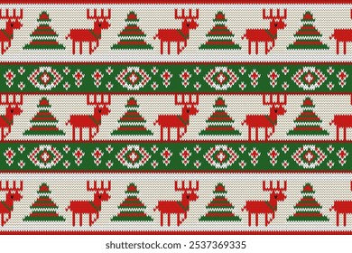 Knitting seamless pattern with santa, Christmas tree and reindeer ornament. Fabric Seamless pattern.Vector illustration. Ikat ethnic oriental embroidery,Aztec style,baroque.design for texture,clothing
