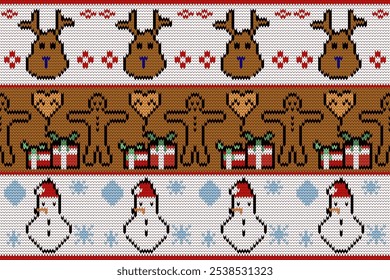 Knitting seamless pattern with santa, Christmas tree and reindeer ornament. Fabric Seamless pattern.Vector illustration. Ikat ethnic oriental embroidery,Aztec style,baroque.design for texture,clothing