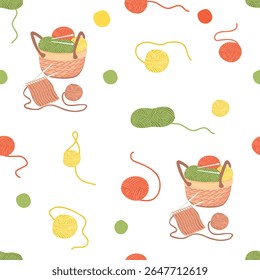 Knitting seamless pattern with skeins of yarn, basket with threads, knitting needles and knitwear. Green, yellow, red, brown colors on white background. Vector cartoon design for textile, wallpaper.