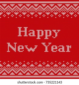 Knitting seamless pattern with text Happy New year. Knit Christmas design. Vector. Knitted winter ornaments. Red textured background