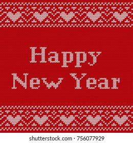 Knitting seamless pattern with text Happy New year. Knit Christmas design. Vector. Knitted winter ornaments. Red textured background.