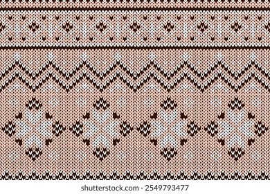 Knitting. seamless pattern. Vector. brown knitted sweater texture. Set  geometric background. Holiday fair isle traditional ornaments. Wool pullover illustration. Festive crochet	