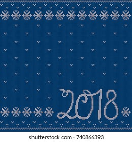 Knitting seamless pattern. Vector. Knit Christmas and new year sweater design. Knitted winter ornaments. Blue textured background.