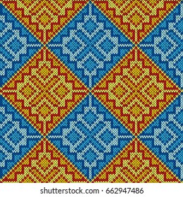 Knitting seamless square vector color pattern as a fabric texture mainly in blue and yellow hues