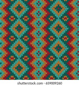 Knitting seamless variegated vector pattern as a fabric texture in red, blue, orange and turquoise colors