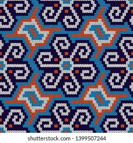 Knitting seamless vector pattern as a fabric texture in blue, orange and white color as a fabric texture