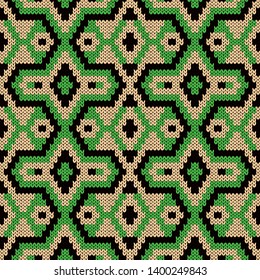 Knitting seamless vector pattern as a fabric texture in green, beige and black color as a fabric texture