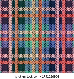 Knitting seamless vector pattern with perpendicular lines as a woollen Celtic tartan plaid or a knitted fabric texture in blue and pink hues with a gradient
