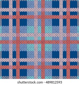 Knitting seamless vector pattern with perpendicular lines as a woollen Celtic tartan plaid or a knitted fabric texture in blue and pink hues