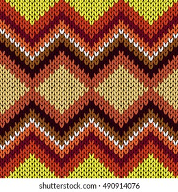 Knitting seamless vector pattern with zigzag ornamental chains as a knitted fabric texture mainly in warm hues