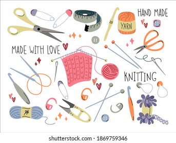 Knitting set. The concept of needlework and knitting. Scissors, needles, hooks, yarn, thread, needle, pin, tape measure. Hand-drawn illustration on a white background.