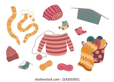 Knitting set. Craft and handmade needlework design elements. Basket with ball of yarn, tools and knitted clothes. Vector flat illustration, isolated, cartoon, clipart.