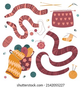 Knitting set. Craft and handmade needlework design elements. Basket with ball of yarn, tools and knitted clothes. Vector flat illustration, isolated, cartoon, clipart.