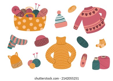 Knitting set. Craft and handmade needlework design elements. Basket with ball of yarn, tools and knitted clothes. Vector flat illustration, isolated, cartoon, clipart.