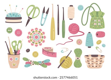 Knitting set. Crochet. Hand drawn Knitting tools, sewing accessories. Yarn and threads, crochet hook, wool ball, buttons, scissors, vintage Knitting bag, basket, hooks, pins. Needlework. Vector