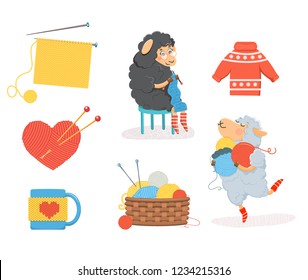 Knitting set with funny sheeps and tangles.Vector illustration. Isolated on white background.Cartoon style