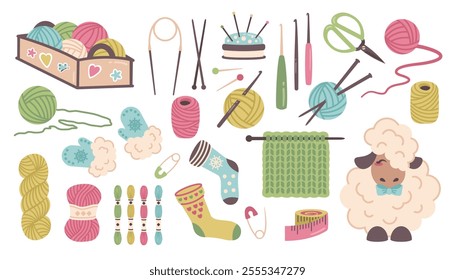 Knitting set. Hand drawn doodle Knitting tools, sewing accessories. Yarn and threads, knitting needles, cartoon sheep, wool ball, skein of wool, scissors, basket, hook, pins. Needlework . Vector