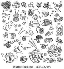 Knitting set includes yarn balls, knitting needles, accessories. Flat doodle illustration. Linear illustration of objects for creating handmade items. design, workshops, blogs about crafts and hobbies