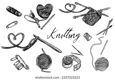 Knitting set ink hand drawing 
