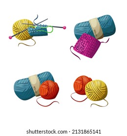 Knitting set. Isolated vector elements: yarn balls, knitting needles, samples. Vector knitting collection.