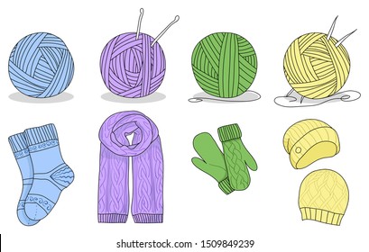 Knitting and set. Knitting needle, hook, hat, socks, wool skeins. Signs vector set and logos for yarn or tailor hand made store isolated white background