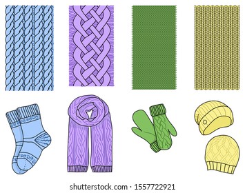 Knitting and set. Knitting needle, hook, hat, socks, wool skeins. Signs vector set and logos for yarn or tailor hand made store isolated white background
