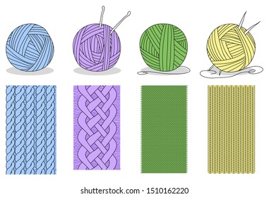 Knitting and set. Knitting needle, hook, wool skeins. Signs vector set and logos for yarn or tailor hand made store isolated white background