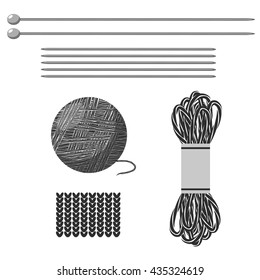 Knitting set. Needles, a skein of yarn, flap. Isolated objects on white background. Vector illustration.