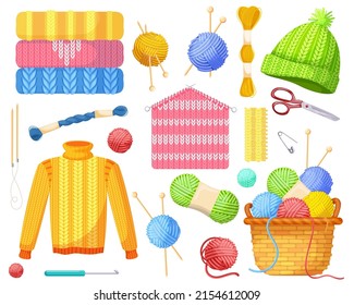 Knitting set objects. Knitted sweater, hat. Knit threads, needles, scissors, pin. Basket of multicolored yarn balls. Red, blue, purple, yellow skein. Warm clothes, autumn, winter. Vector illustration