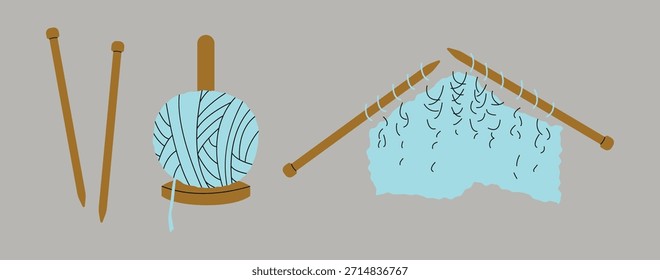 Conjunto de tejer sobre un fondo gris, Ilustración vectorial.