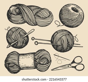 Knitting set sketch. Clews, skeins wool, ball yarn with needles. Tools for handicraft, hand-knitting. Vintage vector