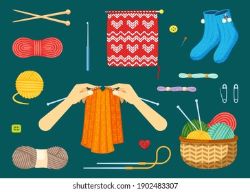 Knitting set. Textile handicrafts with red and yellow skeins woolen threads knitting needles warm blue socks with decorative beginning of sweater natural knitted jersey. Cartoon vector cotton.