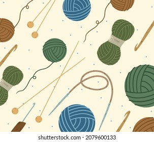 Knitting set vector. Background with knitting. Pattern with multi-colored balls of yarn and knitting needles. Cartoon style.