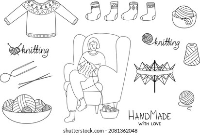 Knitting set vector illustration. Knitting and handmade lettering or text. Knitted pullover and socks