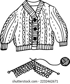 Knitting set. Woolen yarn, hand knitting, scissors, knitting needles, knitted fabric. Needlework, Handmade, Hobby. 