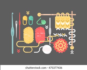 Knitting set. Yarn, pins, buttons, needle.