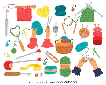 Knitting set. Yarn and thread, a skein of wool, knitting needles, a basket for yarn, a set for weaving wool, scissors. A set of knitting tools and materials