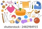 Knitting set.  Yarn and threads, skein of wool, knitting needles, yarn basket, weaving wool, scissors pack. Needlework, tools for sewing and knitting collection. Flat vector illustration isolated