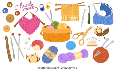 Knitting set.  Yarn and threads, skein of wool, knitting needles, yarn basket, weaving wool, scissors pack. Needlework, tools for sewing and knitting collection. Flat vector illustration isolated