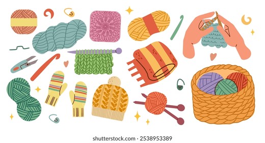 Conjunto de tejer. Hilados e hilos, madeja de lana, agujas de tejer, cesta de hilo, tejido de lana, paquete de tijeras. Costura, herramientas para coser y tejer colección. Ilustración vectorial plana aislada