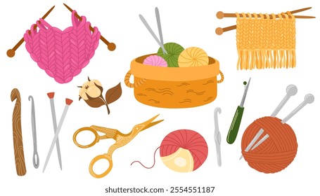 Knitting set. Yarn and threads, skein of wool, knitting needles, yarn basket, weaving wool, scissors pack. Needlework, tools for sewing and knitting collection. Flat vector illustration isolated