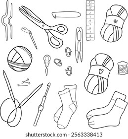 Knitting set. Yarn and threads, skein of wool, knitting needles, yarn basket, weaving wool, scissors pack. Needlework, tools for sewing and knitting collection. Flat vector illustration isolated